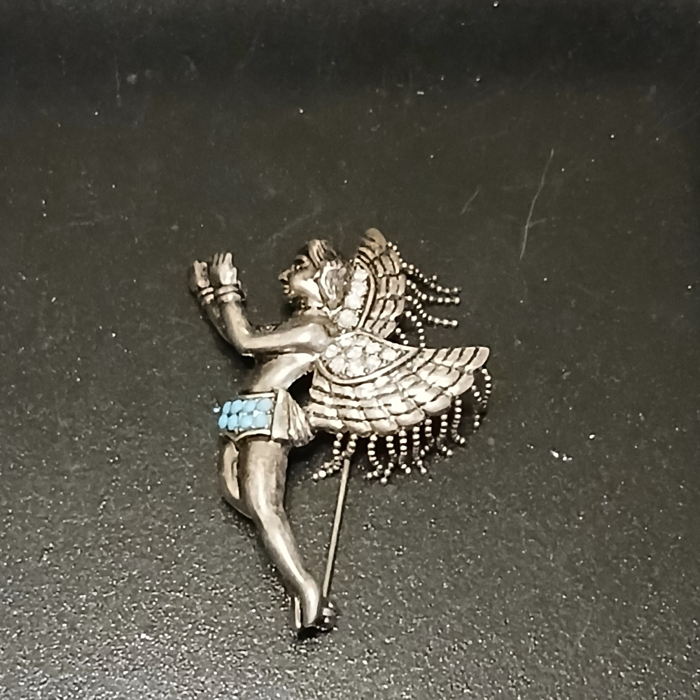Silver Angel Brooch with Blue Accents